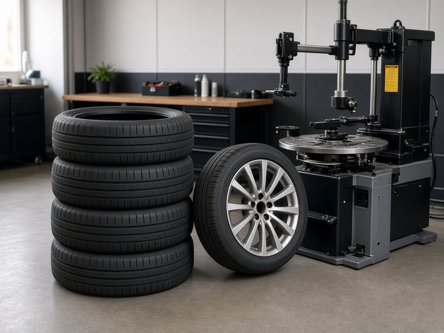 Sample photo: tires beside a tire machine